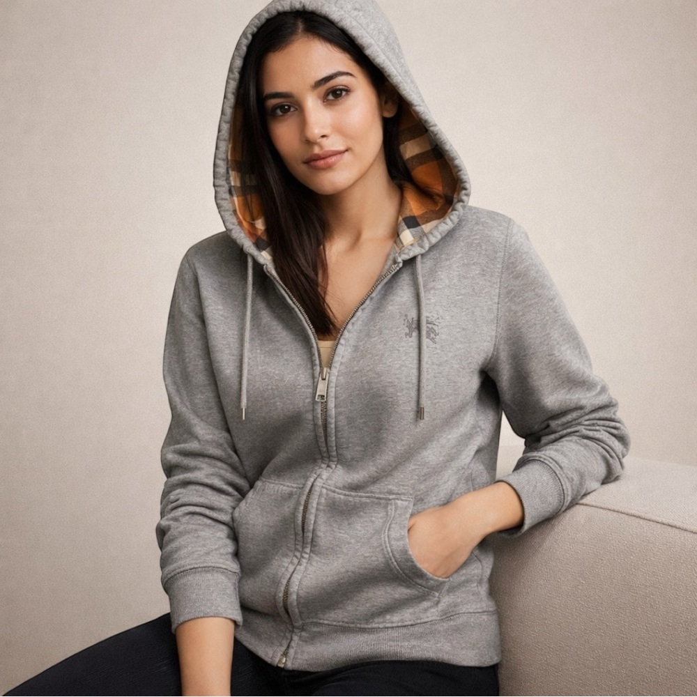 Burberry Nova Check Hooded Zip Hoodie Gray | Small Petite | Equestrian Logo - Picture 2 of 10